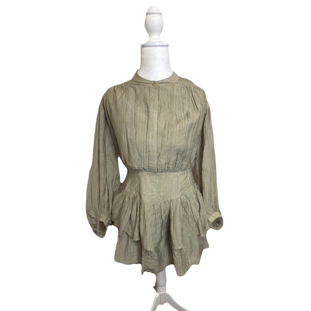 Olivaceous Womens Green Tierred Flow Mini Button Balloon Dress Large